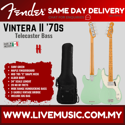 Fender Vintera II 70s Telecaster Bass Guitar, Maple FB, Surf Green