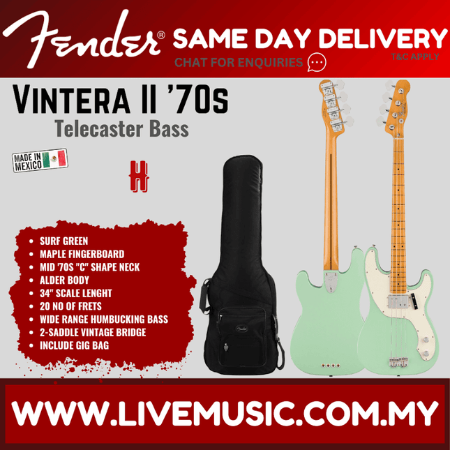 Surf green Telecaster bass guitar with maple fretboard and included black gig bag