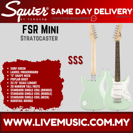 Squier FSR Mini Stratocaster Electric Guitar, Laurel FB, Surf Green