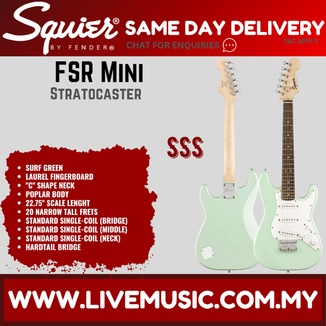 Squier FSR Mini Stratocaster Electric Guitar, Laurel FB, Surf Green