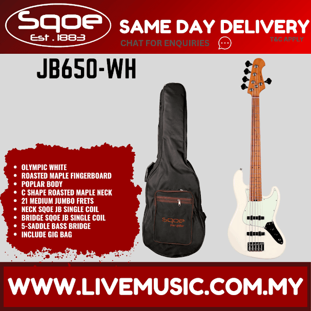 Sqoe JB650-WH 5-String Electric Bass Guitar With Gig Bag Roasted Maple FB, Olympic White ( JB650WH / JB650 WH )