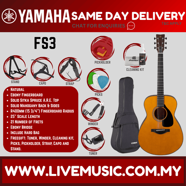 Yamaha Red Label FS3 Acoustic Guitar with Hard Bag - Natural ( FS-3 )