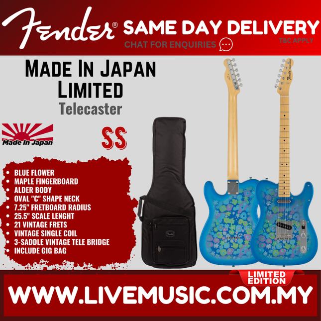 Fender MIJ Limited Telecaster Electric Guitar, Maple FB, Blue Flower