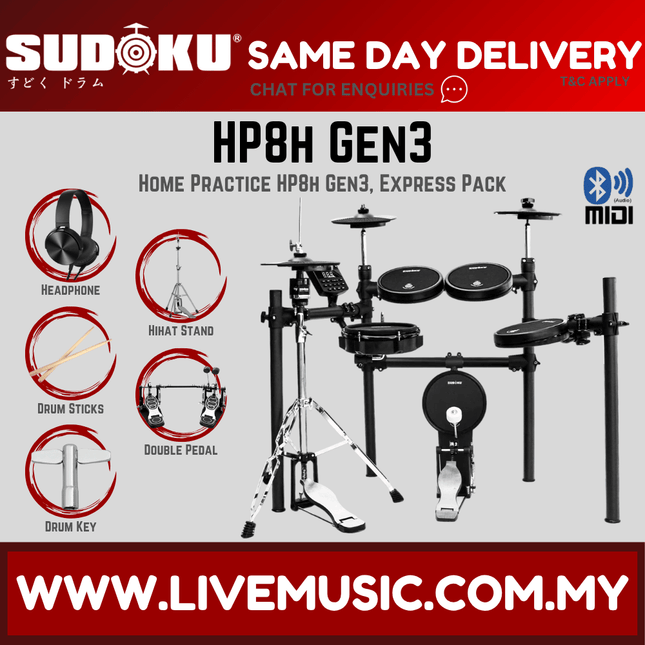 Black electronic mesh drum kit with hi-hat stand, double pedal, and drumsticks
