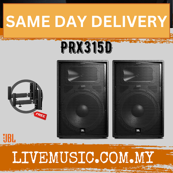 Pair of JBL PRX315D passive loudspeakers with black front grilles and mounting icon.