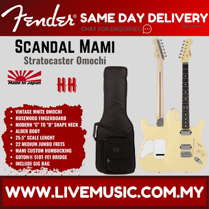 Fender Japan Scandal Mami Stratocaster Electric Guitar, RW FB, Vintage White Omochi