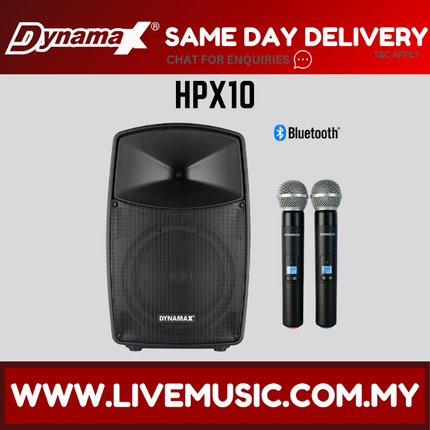 DYNAMAX HPX10 10” Professional Active Portable Speaker with 2 pcs Wireless Mic, for Speech, Busking (HPX 10 HPX-10)