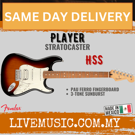 Fender Player HSS Stratocaster Electric Guitar, Pau Ferro Fretboard - 3 Tone Sunburst