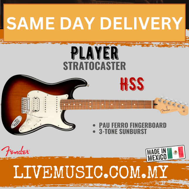 Fender Player HSS Stratocaster Electric Guitar, Pau Ferro Fretboard - 3 Tone Sunburst