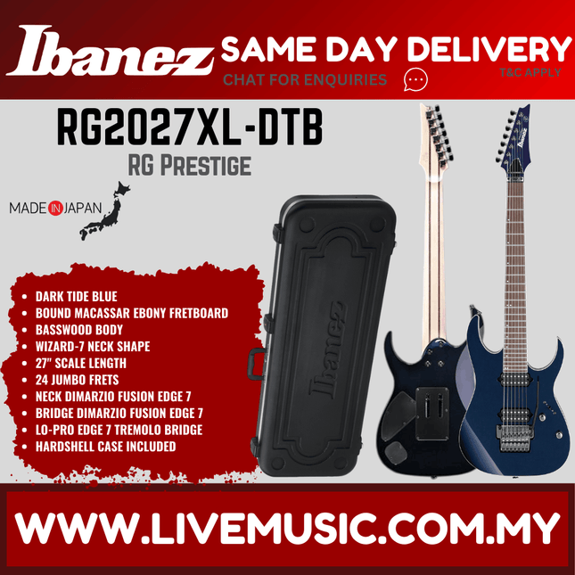 Ibanez Prestige RG2027XL-DTB 7-String Electric Guitar, Dark Tide Blue ( RG2027XL DTB / RG2027XLDTB )