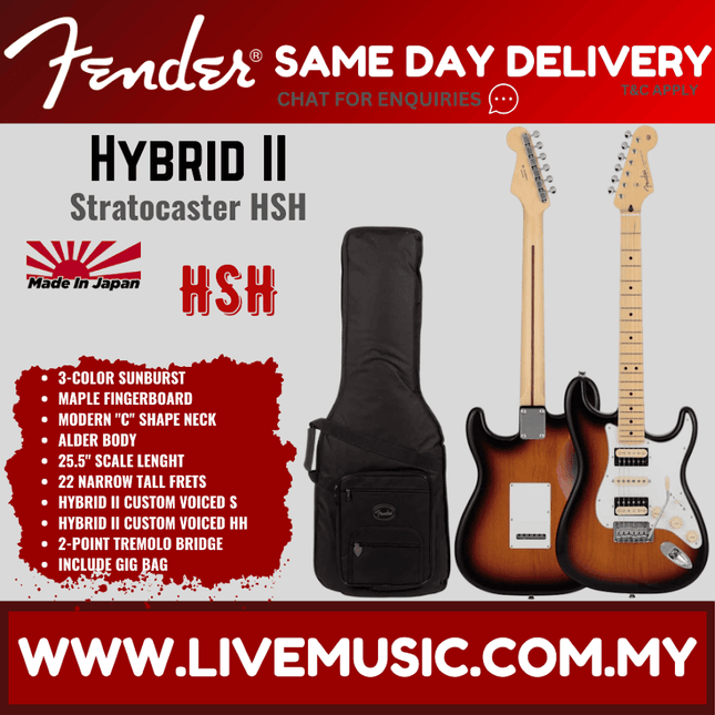 Fender Japan Hybrid II Stratocaster HSH Electric Guitar, Maple FB, 3-Color Sunburst