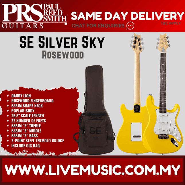 PRS SE Silver Sky Electric Guitar w/GigBag, Rosewood FB, Dandy Lion
