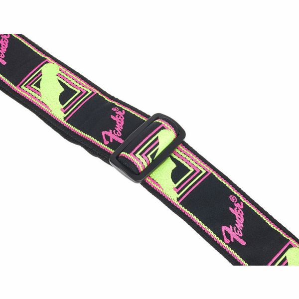 Fender neon monogram guitar strap close-up with neon pink/yellow trim and buckle