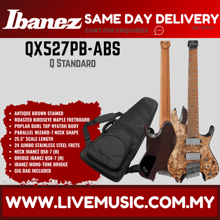 Ibanez Q-Series QX527PB Premium 7-String Headless Guitar, Roasted Maple Fretboard - Antique Brown Stained (QX527PB-ABS)