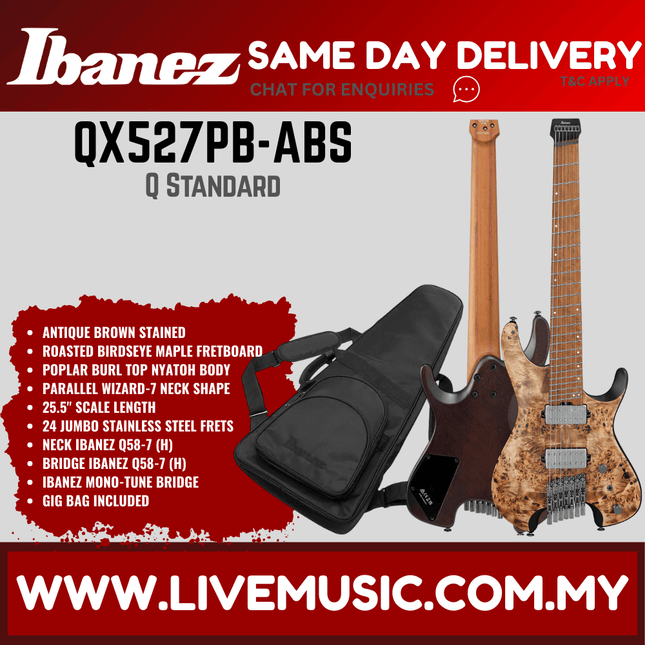 Ibanez Q-Series QX527PB Premium 7-String Headless Guitar, Roasted Maple Fretboard - Antique Brown Stained (QX527PB-ABS)