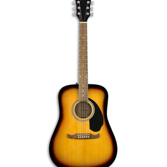 Sunburst dreadnought acoustic guitar with black pickguard and soundhole rosette