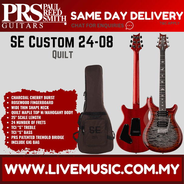 PRS SE Custom 24-08 Quilt Electric Guitar w/GigBag, Rosewood FB, Charcoal Cherry Burst