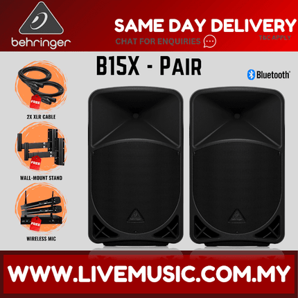 Behringer B15X 1000W 15" Powered Speaker w/UG-88HH Wireless Mic, Speaker Stand and Cable - Pair ( B-15X / B 15X )