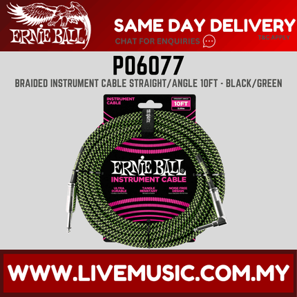 Ernie Ball 6077 Braided Straight to Right Angle Instrument Cable, Black & Green, 10ft