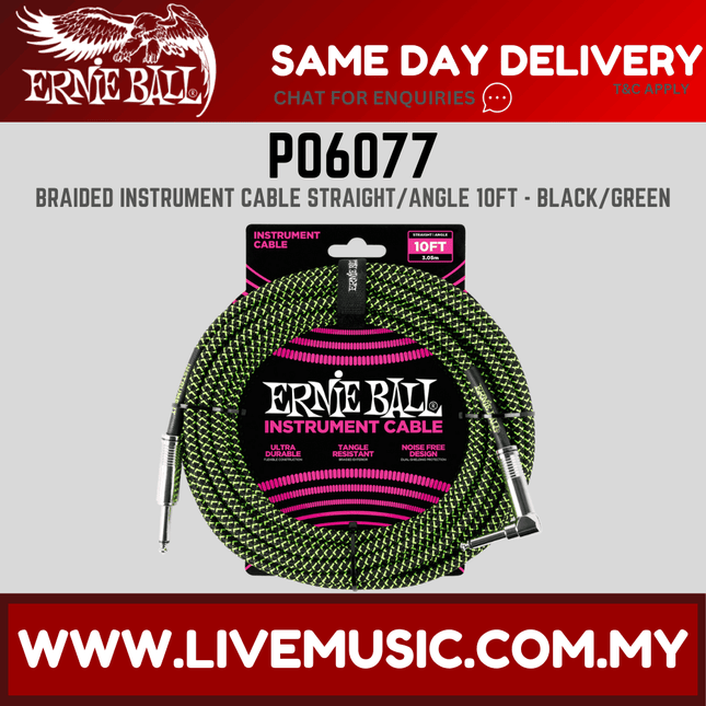 Ernie Ball 6077 Braided Straight to Right Angle Instrument Cable, Black & Green, 10ft