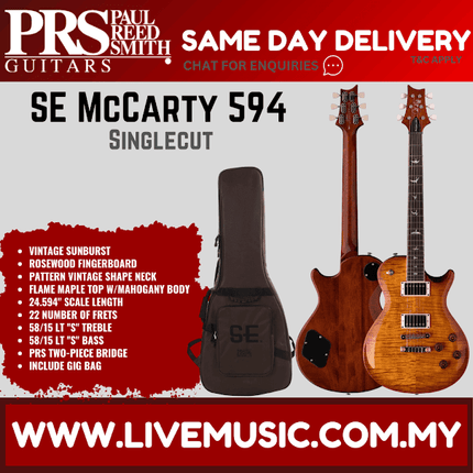 PRS SE McCarty 594 Singlecut Electric Guitar w/GigBag, Rosewood FB, Vintage Sunburst