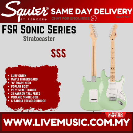 Squier FSR Sonic Stratocaster Electric Guitar w/White Pickguard, Maple FB, Surf Green
