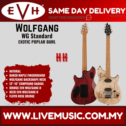 EVH Wolfgang Standard Exotic Electric Guitar, Baked Maple FB, Poplar Burl