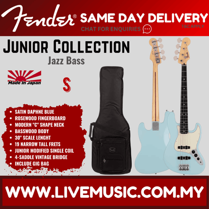 Fender Japan Junior Collection Jazz Bass Guitar, RW FB, Satin Daphne Blue