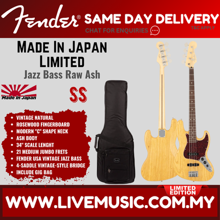 Fender MIJ Limited Jazz Bass Guitar, RW FB, Raw Ash Vintage Natural