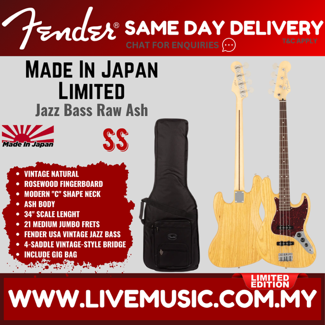 Fender MIJ Limited Jazz Bass Guitar, RW FB, Raw Ash Vintage Natural