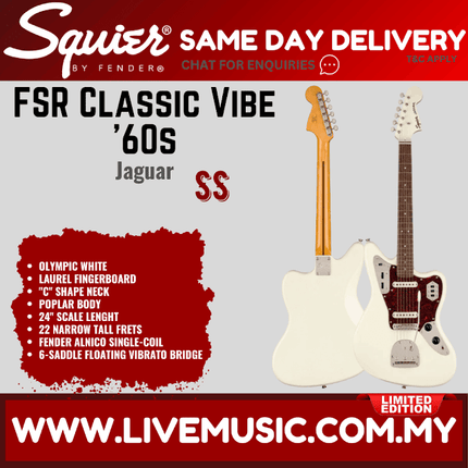 Squier FSR Classic Vibe 60s Jaguar Electric Guitar, Olympic White