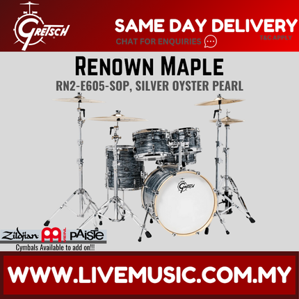 Gretsch RN2-E605-SOP Renown Maple 5-Piece Drum Shell Kit Set (20inch Bass), Silver Oyster Pearl
