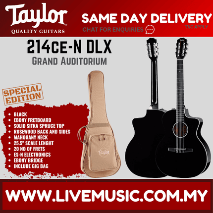 Taylor 214ce-N DLX Special Edition Grand Auditorium Nylon-String Acoustic Guitar w/Bag, Black