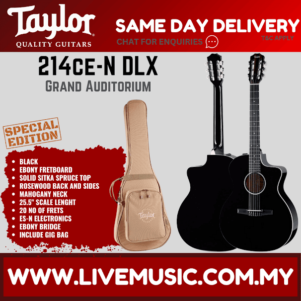 Taylor 214ce-N DLX Special Edition Grand Auditorium Nylon-String Acoustic Guitar w/Bag, Black