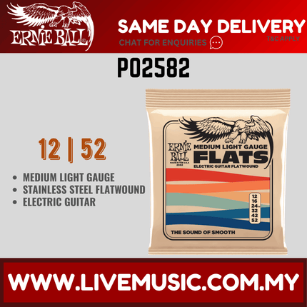 Ernie Ball P02582 Medium-Light Flatwound Electric Guitar Strings, 12-52 Gauge