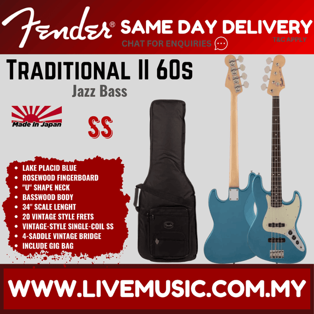 Fender Japan Traditional II 60s Jazz Bass Guitar, Rosewood Fretboard with FREE Gig Bag - Lake Placid Blue