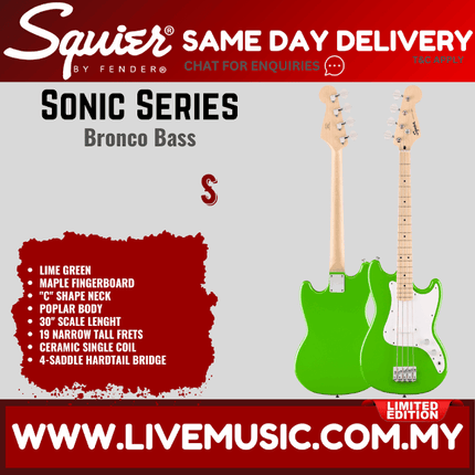 Squier FSR Sonic Bronco Bass Guitar, Maple FB, Lime Green / Shell Pink