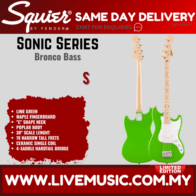 Squier FSR Sonic Bronco Bass Guitar, Maple FB, Lime Green / Shell Pink