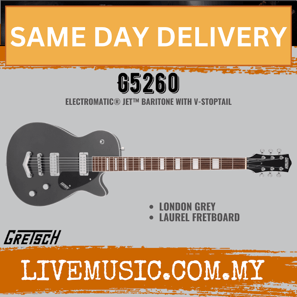 Gretsch G5260 Electromatic Jet Baritone w/ V-Stoptail Electric Guitar, Laurel FB, London Gray