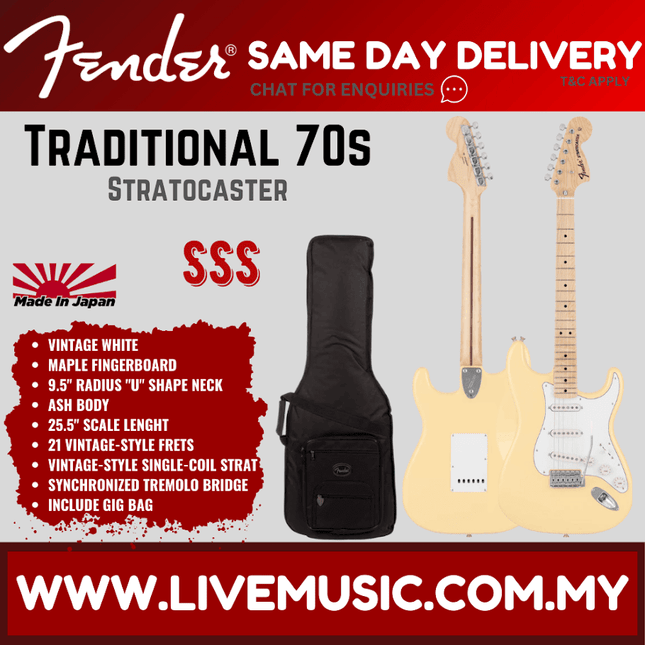 Fender Japan Traditional 70s Stratocaster Electric Guitar, Maple FB, Vintage White