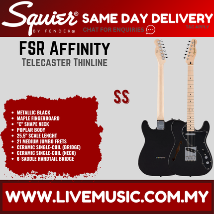 Squier FSR Affinity Series Telecaster Thinline Electric Guitar, Maple FB, Metallic Black