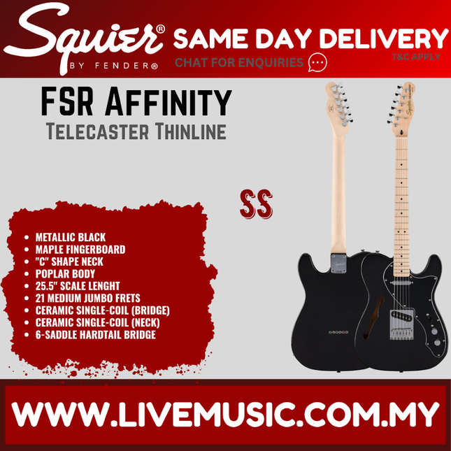 Squier FSR Affinity Series Telecaster Thinline Electric Guitar, Maple FB, Metallic Black