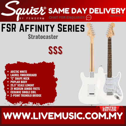 Squier FSR Affinity Series Stratocaster Guitar w/White Pearloid Pickguard, Laurel FB, Arctic White