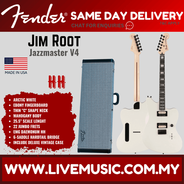 Fender Jim Root Signature Jazzmaster V4 Electric Guitar, Ebony Fretboard with Deluxe Hardshell Case - Arctic White