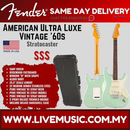Fender American Ultra Luxe Vintage 60s Stratocaster Electric Guitar, RW FB, Surf Green