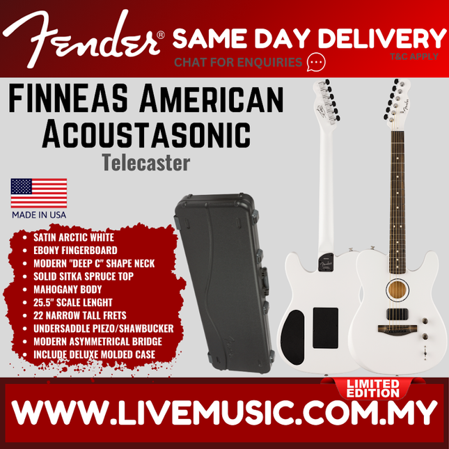 Fender Limited Edition FINNEAS American Acoustasonic Telecaster w/Case, Ebony FB, Satin Arctic White