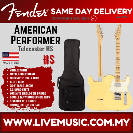 Fender American Performer HS Telecaster Electric Guitar, Maple Fretboard with Bag - Vintage White