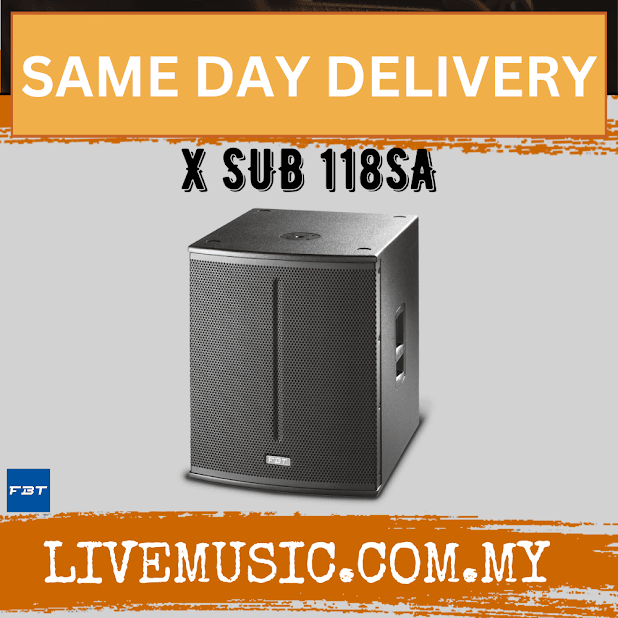 Compact active bass reflex subwoofer cabinet with black grille, XSUB118SA