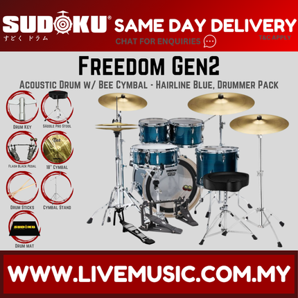Sudoku Freedom Gen2 Acoustic Drum Set with Cymbals, Throne, Double Pedal - Drummer Pack