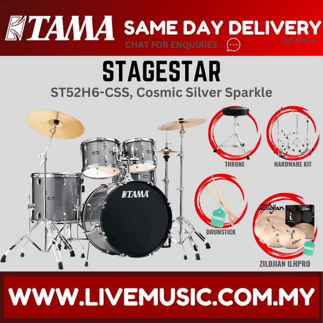 Tama 5-piece Stagestar drum set, Cosmic Silver Sparkle finish with Zildjian ILHPRO
